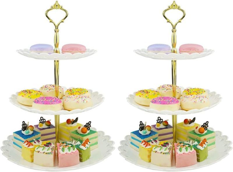 Photo 1 of 3-Tier White Gold Plastic Dessert Stand Pastry Stand Cake Stand Cupcake Stand Holder Serving Platter for Party Wedding Home Decor-Large-
