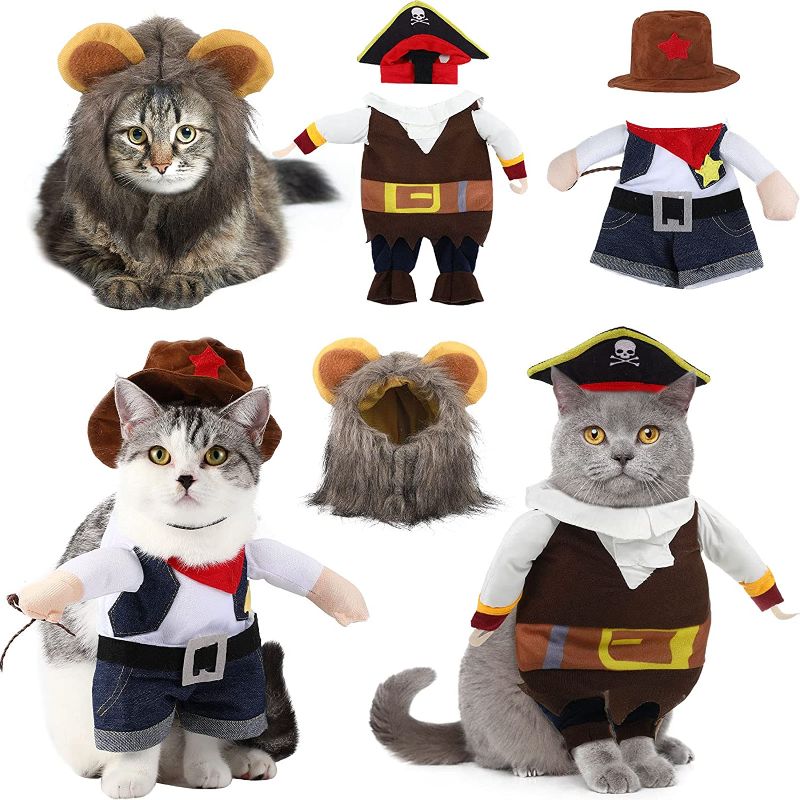 Photo 1 of 3 Pieces Pet Halloween Costume, Includes Cowboy Uniform with Hat, Pirate Costume with Hat, Lion Mane Hat, Pet Costume Funny Apparel for Small Dog Cat Puppy Pet Party Christmas Events
