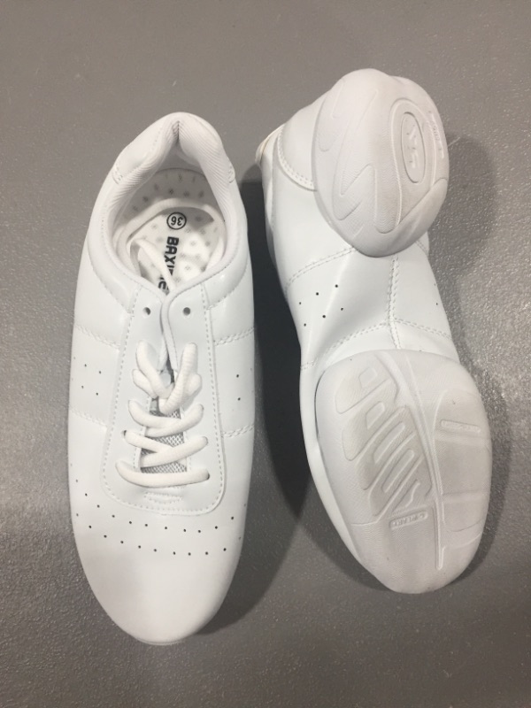 Photo 2 of BAXINIER Girls White Cheerleading Dance Shoes Athletic Training Tennis Breathable Youth Competition Cheer Sneakers 3 Big Kid White 610