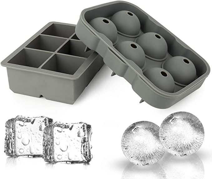 Photo 1 of Ticent Ice Cube Trays Set of 2-Silicone Sphere Ice Ball Maker with Lid & Large Square Ice Molds for Whiskey, Cocktail & Brandy (Grey)
