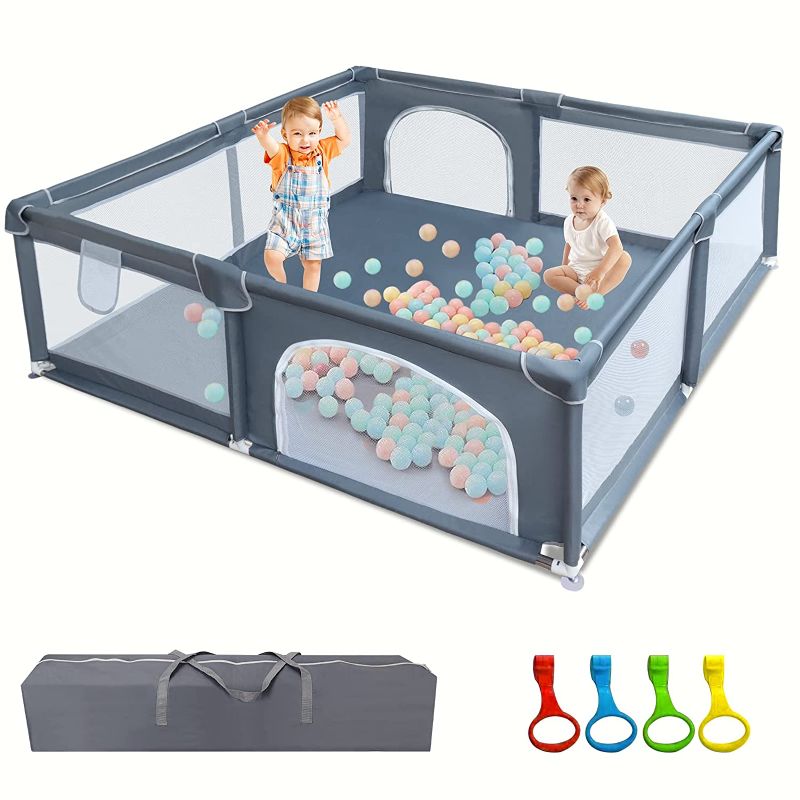 Photo 1 of Baby Playpen, Playpen for Babies, Play Yard with Safety Gates, Baby Fence 79”x 71” with Anti-Slip Suckers/Breathable Mesh Walls/Storage Bag
