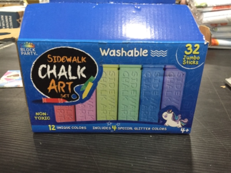 Photo 3 of Block Party Sidewalk Chalk 32-Piece Art Set - BIG BOLD Colors Includes 4 Glitter Chalk That Sparkle, Square Non-Roll Kids Chalk, Washable
