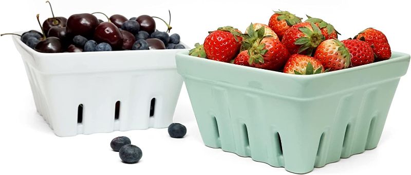 Photo 1 of Woouch Ceramic Berry Basket, Square Fruit Bowl With Holes, 5.7" Colander For Kitchen, Cute Small Container For Berries, Strawberry, Grape, Cherry, Rustic Stoneware Décor (White + Mint Green)
