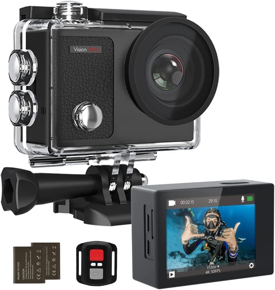 Photo 1 of 4K Underwater HD Action Camera, Dragon Touch Vision 3 Pro Touch Screen 20MP 100FT Waterproof Video Camera Adjustable View Angle WiFi Sports Camcorder with Remote Control Helmet Accessories
