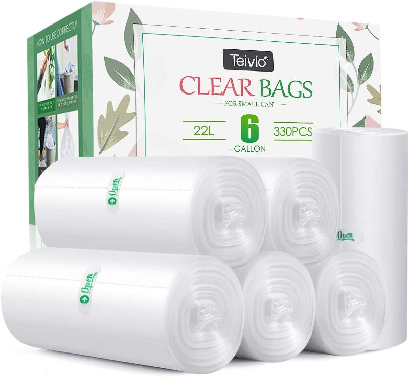 Photo 1 of 6 Gallon 330 Counts Strong Trash Bags Garbage Bags by Teivio, Bathroom Trash Can Bin Liners, Small Plastic Bags for home office kitchen, Clear
