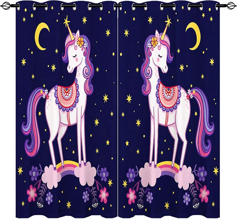 Photo 1 of ANHOPE Cute Cartoon Unicorn Curtains Grommet Blackout Room Darkening Curtains with Rainbow Flower Star Moon Print Pattern Animal Horse Theme Window Drapes...
