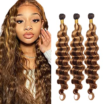 Photo 1 of 10 12 14 Inch P4/27 Human Hair Bundles Highlight Deep Wave Bundles Blonde and Brown Wet and Wavy Bundles Unprocessed Brazilian Virgin Hair Extensions Highlight Deep Bundles for Black Women