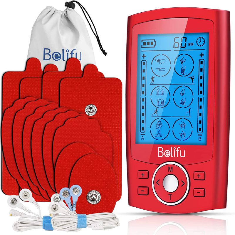 Photo 1 of Blue, Belifu Dual Channel TENS EMS Unit with 12 Pads, 24 Modes Muscle Stimulator , Electronic Pulse Massager Muscle Massager for Pain Relief Therapy, Fastening Cable Ties, Dust-Proof Drawstring Storage Bag
