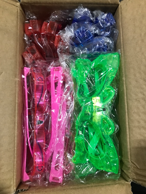 Photo 2 of 24 Packs LED Glasses for kids Glow in the dark Party Supplies Favor,6 LED 6 Shapes Glasses Flashing Plastic Light up Glass Toys Bulk 3 Replaceable Battery Flashing Light fit Halloween Party Toy Concert Birthday Holiday