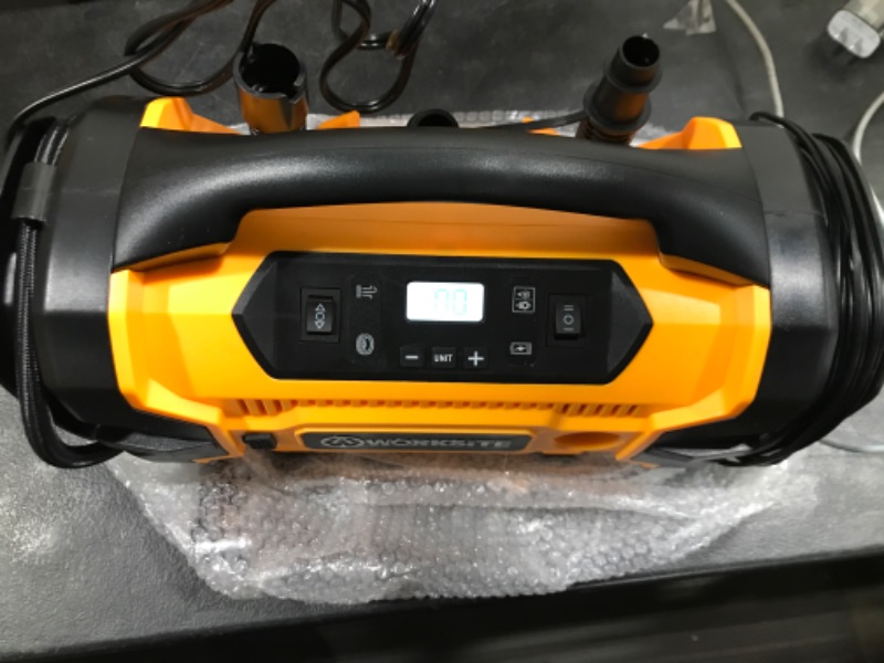 Photo 2 of WORKSITE Tire Inflator Air Compressor, 160 PSI Car Tire Pump with 3 Power Supply (110V AC, 12V DC & 20V Battery), Inflation & Deflation Modes, Dual Powerful Motors, Digital Pressure Gauge, Orange 1-yellow