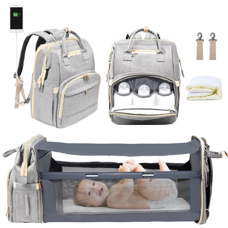 Photo 1 of Diaper Bag Backpack with Changing Station, Unisex Baby Travel Nappy Bags with Portable Crib, Grey
