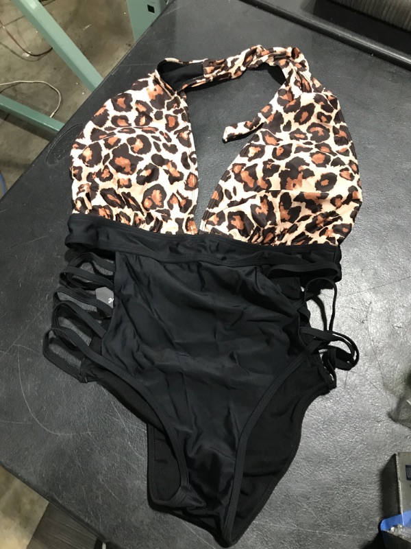 Photo 2 of Aqua Eve Women Sexy One Piece Swimsuits Halter Plunge V Neck Cutout Bathing Suits Large Black Leopard