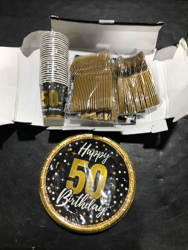 Photo 2 of 50th Birthday Decorations for Men Women - (Total 169pcs) Black Gold Birthday Supplies Plates and Napkins, Cups, Knives, Forks, Spoons Included, Tablecloth, Disposable Tableware for 24 Guests