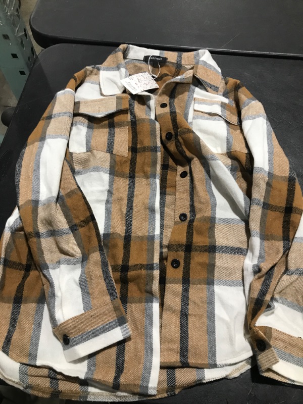 Photo 1 of AUTOMET Womens Casual Plaid Shacket Wool Blend Button Down Long Sleeve Shirt Fall Jacket Shackets Apricot SIZE Small