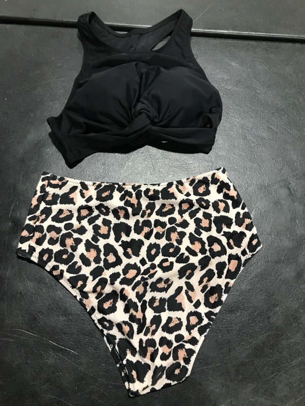 Photo 1 of Blooming Jelly Women's High Waisted Bikini Twist Two Piece Swimsuit High Neck Knotted Leaf Print Bathing Suit Small Black Top & Leopard Bottom