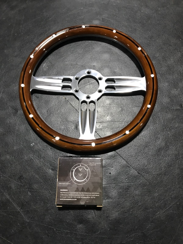 Photo 2 of 14" Inch Billet Polished & Wood Steering Wheel Bowtie Horn, 6 Hole