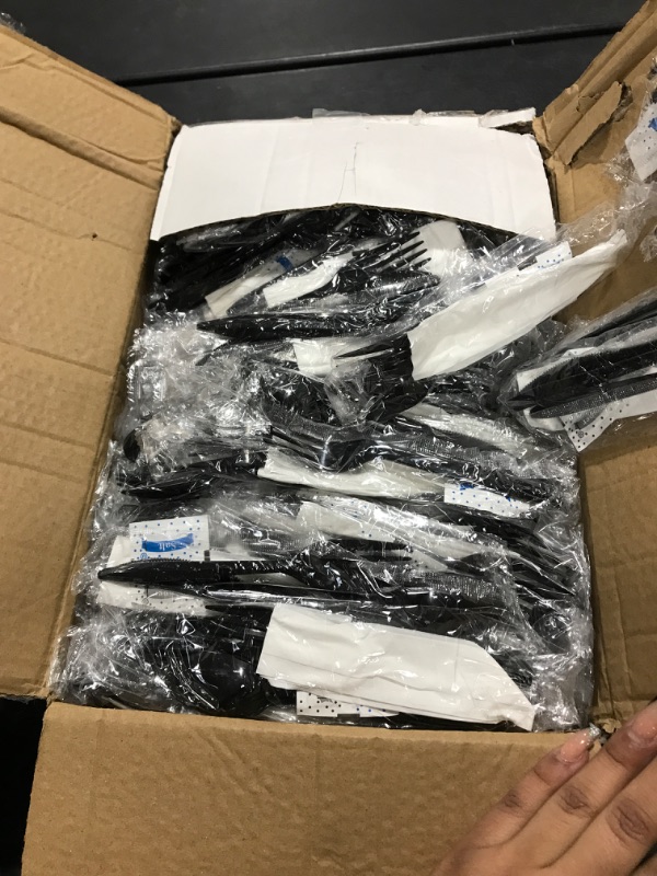 Photo 1 of 250 Plastic Cutlery Packets - Knife Fork Spoon Napkin Salt Pepper Sets | Black Plastic Silverware Sets Individually Wrapped Cutlery Kits, Plastic Utensil Cutlery Set Disposable Bulk To Go Silverware
