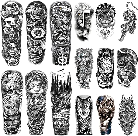 Photo 1 of 15Sheets Men's Temporary Tattoo Sticker Full Arm(18.9x6.7 inch) Half Sleeve(8.3x4.5 inch) Wolf Tiger Lion Beast Pattern
