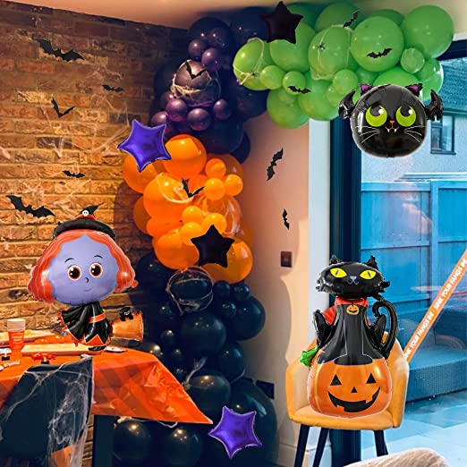 Photo 1 of 127pcs Halloween Balloon Garland Arch Kit with Spider Web and Bat Stickers,Halloween Foil Balloons,Black Orange Green Purple Balloons for Halloween Birthday Party Decorations
