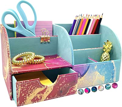 Photo 1 of French KOKO Large PU Leather Desk Organizer Cute Pen Holder Office Pencil Holders Organizers Table Top Desktop Accessories Women Kids Girls Work School Storage Supplies Marble Red Teal Gold
