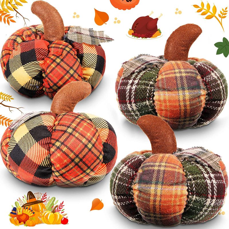 Photo 1 of 4 Pieces Plaid Fabric Pumpkin 6.2 Inch Artificial Stuffed Pumpkin Plush Toys Thanksgiving Fall Decor for Table Farmhouse Harvest Wedding Halloween DIY Decoration (Natural Style)
