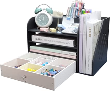 Photo 1 of All-In-One Desk Organizer And Accessories With Multiple Paper Trays/Letter Trays And Stacking Supports / 1Drawer Organizer /3 Pen Holder For Home Office Desktop Office Supplies (Classic Black)
