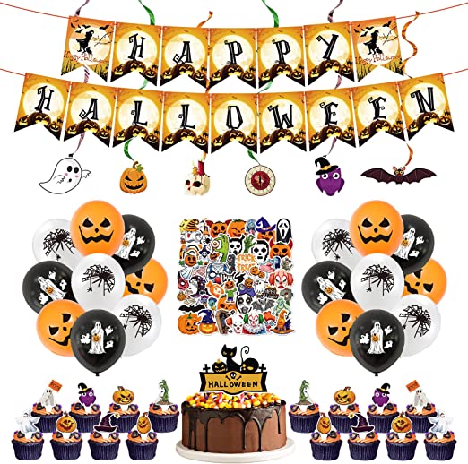 Photo 1 of 113 Pcs Halloween Party Supplies Birthday - Halloween Party Decorations Set Include Halloween Banner Balloons Hanging Swirls Cupcake Cake Toppers and Stickers for Kids
