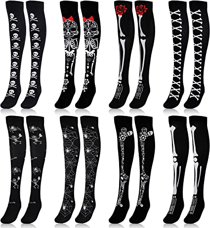 Photo 1 of 8 Pairs Halloween Thigh High Long Stockings over Knee Socks Spooky Thigh High Stockings Halloween Socks Cosplay Skull Socks
