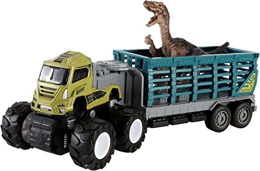 Photo 1 of Dinosaur Transport Truck 9.8 inch Metal Trailer Belt 6.7 inch Velociraptor for 3 4 5 6 7 Year Old boy Toy
