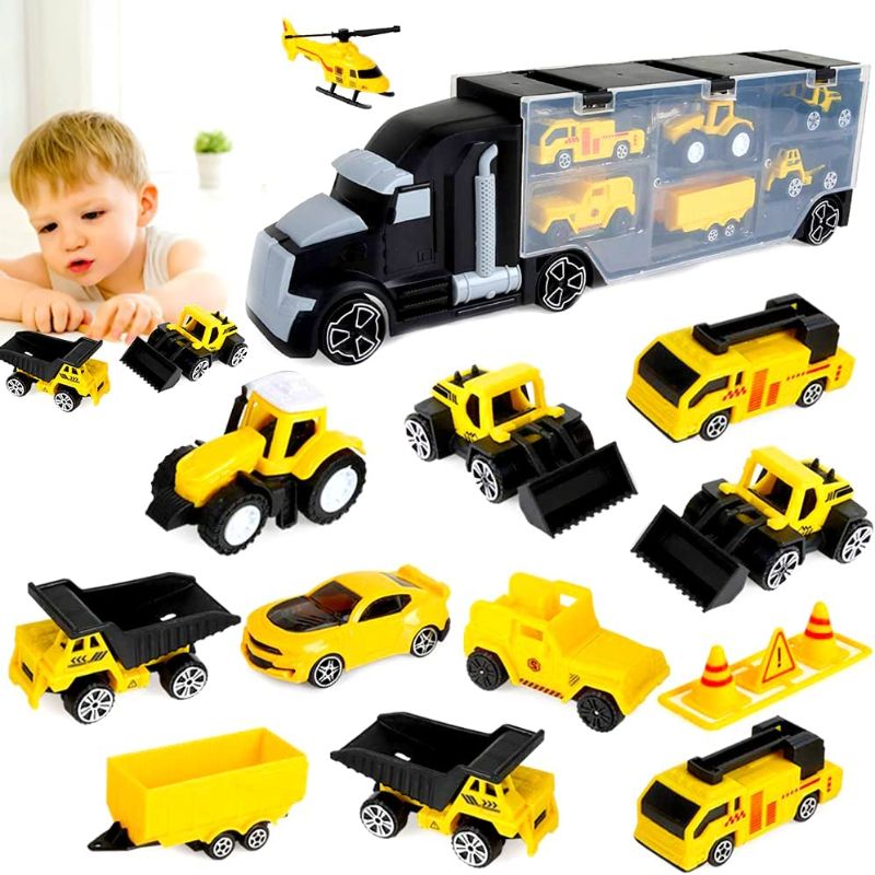 Photo 1 of 12 in 1 Engineering Construction Truck Transport Car Carrier Toys, Construction Play Vehicles Gifts for Kids Boys Girls
