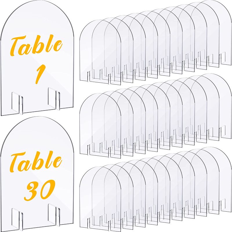 Photo 1 of 30 Sets 5 x 7 Inch Clear Arch Acrylic Sign with Square Stand Blank Modern Signs Acrylic Plaque DIY Acrylic Arch Table Numbers for Wedding Stand Holder Arched Signs Events Parties Centerpieces Decor
