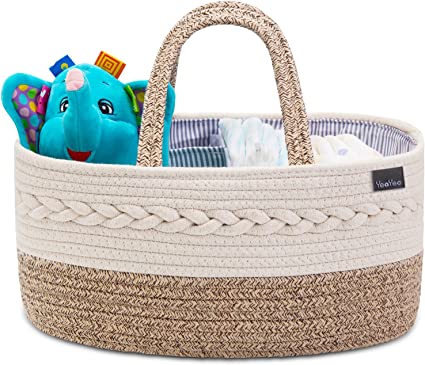 Photo 1 of Baby Diaper Caddy Organizer, Portable Nursery Storage Basket with Changeable Compartments, 100% Cotton Woven Rope Baskets, Car & Changing Table Tote, Newborn Gift