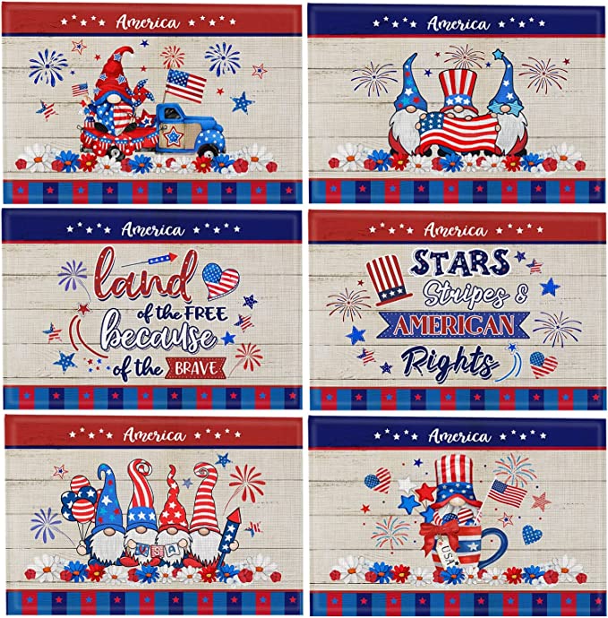 Photo 1 of 4th of July Placemats, Patriotic Placemats Set of 6, Fourth of July Place Mats for Dining Table 12x18 Inch, Gnomes Red Truck American Stars Heat Resistant Burlap Table Mats for Kitchen Decor Indoor
