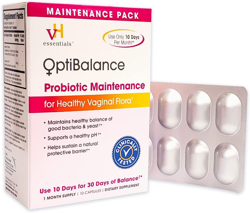 Photo 1 of vH essentials OptiBalance Maintenance Probiotic with Prebiotic Supplement, 30 Days of Balance in only 10 Capsules, Clinically Studied Women‘s Probiotic for Vaginal Health, pH Balance, & Immune Support EXP 12/2022
