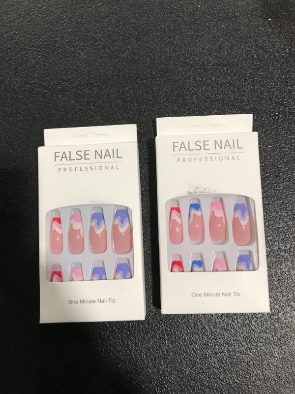 Photo 1 of 24 Pcs Press on Nails Long, Coffin Fake Nails with Glue, Glossy Glue on Nails False Nails for Women and Girls 