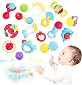 Photo 1 of Eners 16 Pcs Baby Rattle Teethings Toys, Grab and Spin Baby Rattles, Teethers for Babies 0-3-6-12 Months, Infant Shaker with Storage Box