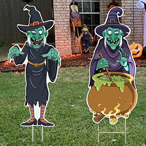 Photo 1 of [ Extra Large ] 3 Ft Witch Halloween Decorations Outdoor, 2 Pcs Scary Witches Stakes with Cauldron, Halloween Yard Signs with Stakes Halloween Decorations for Outside Yard Lawn Home Party Garden- 2PK