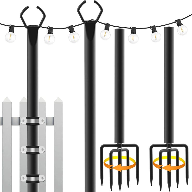 Photo 1 of Mutovlin String Light Poles, Light Poles for Outside String Lights,Outdoor Light Poles with Fork,Fence Brackets,Base for Hanging String Lights,Metal Poles Stand for Deck Patio Backyard (2 Pack)