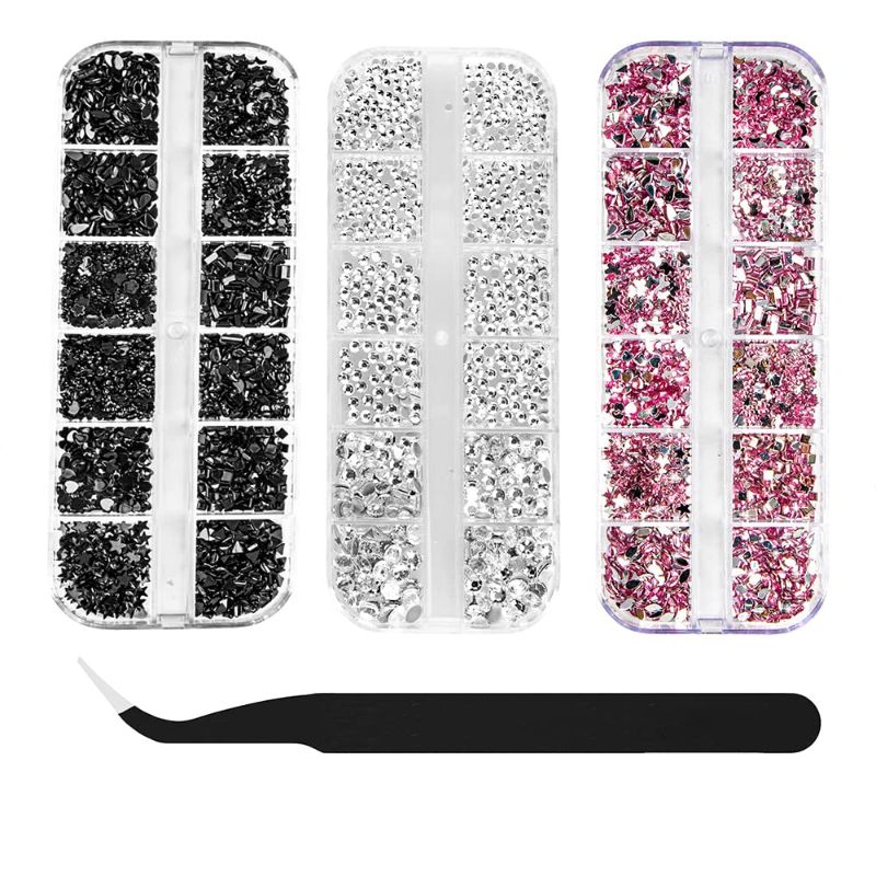 Photo 1 of 3 Boxes Nail Rhinestones, AB Crystals Nail Art Rhinestones Decorations Nail Stones for Nail Art Supplies with 1PC Tweezer and Rhinestones Dotting Pen (2 pack)