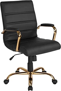 Photo 1 of Flash Furniture Whitney Mid-Back Desk Chair - Black LeatherSoft Executive Swivel Office Chair with Gold Frame