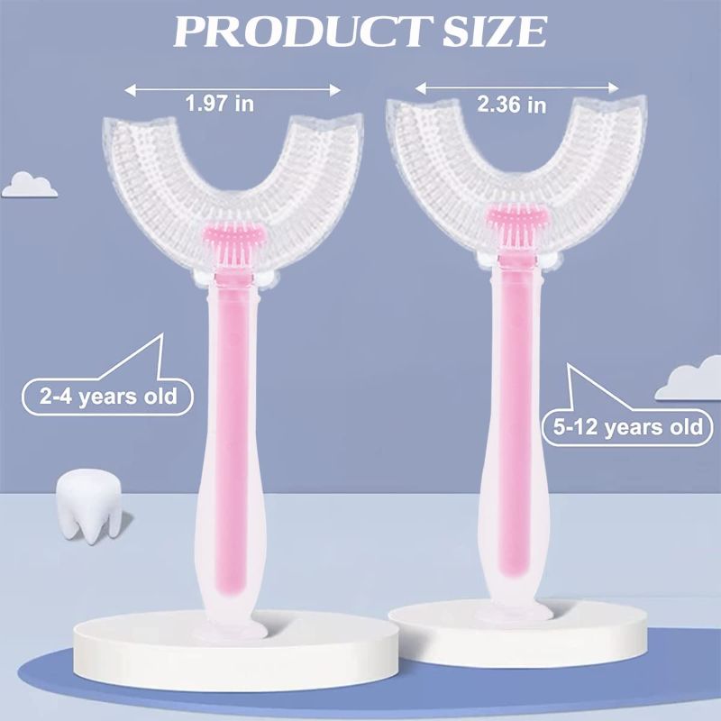 Photo 2 of BikBok 2PCS U Shaped Toothbrush for Kids, 360 Cleanning Toddler Toothbrush, Extra Soft Silicone Baby Toothbrush for 2-12 Years (5-12 Years Old, Blue+Pink)
