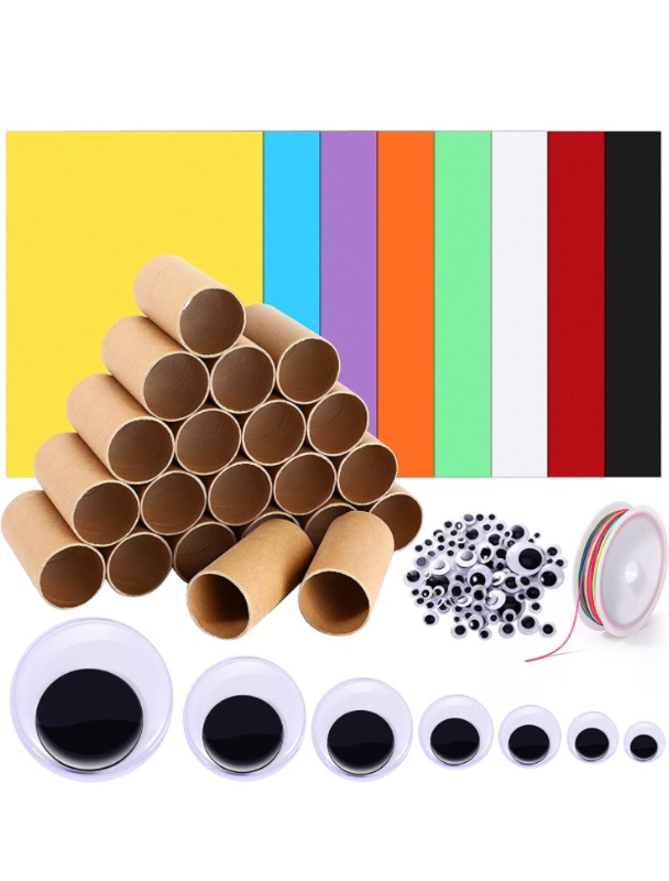 Photo 1 of 24  Pack 2 x 3.9 Inch Brown Cardboard Tubes Craft Rolls Thick Paper Roll Tubes for DIY Art Crafts Making Come with 24 Sheets Colorful Paper, 100 Pieces Wiggle Googly Eyes and Colorful Elastic Cord