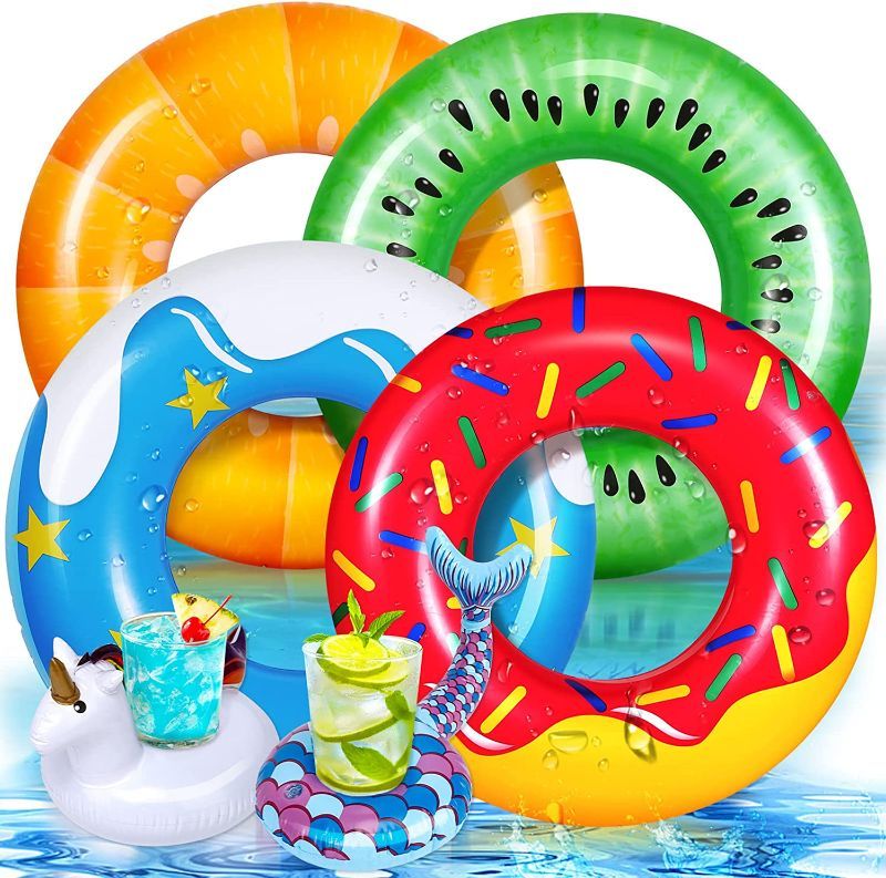 Photo 1 of MeCids Inflatable Pool Floats Fruit Swimming Rings Pool Tubes , Donut Pool Toys for Kids & Adult, Summer Beach Toys – 6 Pack with Drink Holder