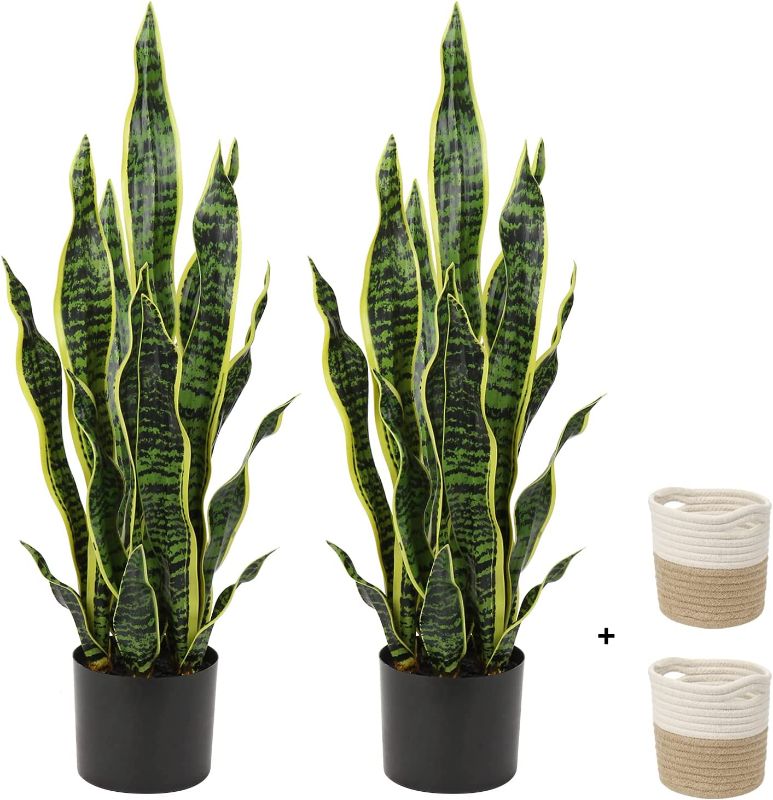 Photo 1 of 2 Set Large Fake Snake Plant 25 Inch Sansevieria Plant Artificial Snake Plants in Pots with Woven Basket Faux Mother In Law Tongue Plant - 17 Leaves Fake Laurentii for Indoor Outdoor Home Office Decor