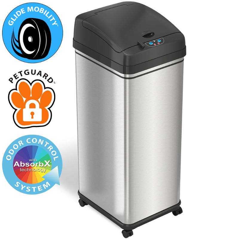 Photo 1 of ITouchless Glide 13 Gallon Sensor Trash Can with Wheels and Odor Control System, Stainless Steel