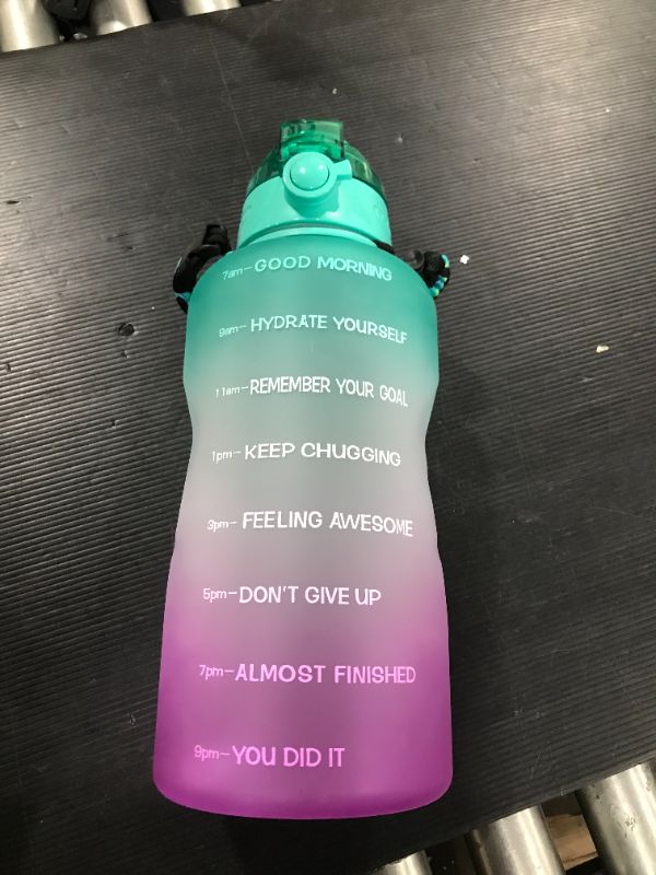 Photo 2 of 128oz Leakproof Free Drinking Water Bottle with Motivational Time Marker, BPA Free for Fitness, Gym and Outdoor Sports (Green/Purple Gradient)