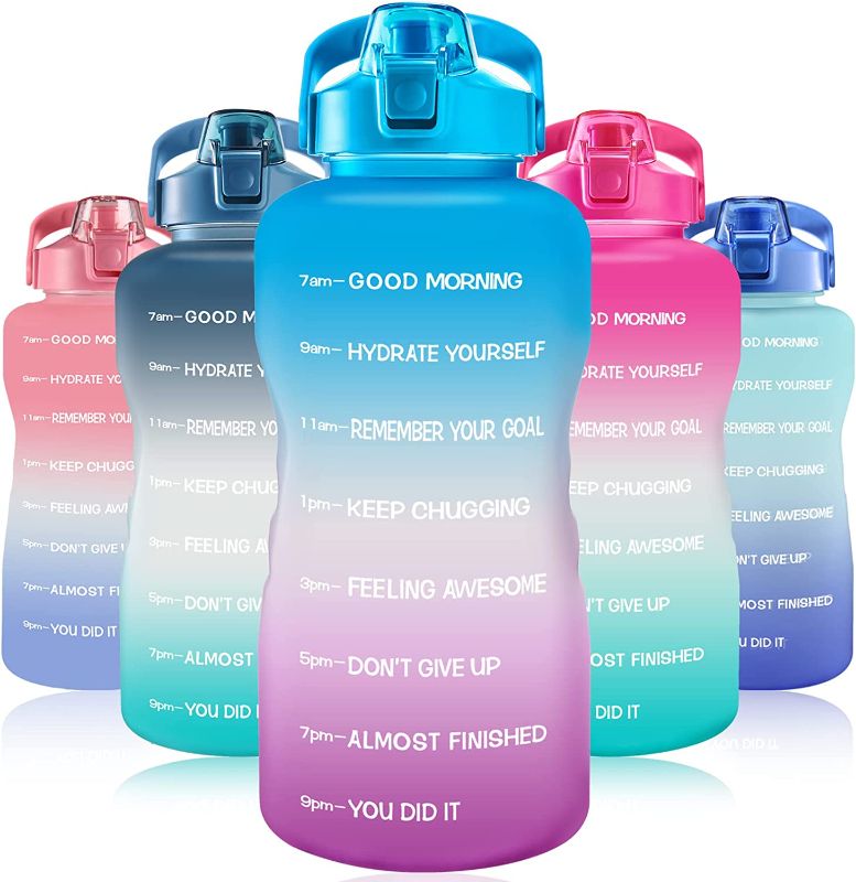 Photo 1 of 128oz Leakproof Free Drinking Water Bottle with Motivational Time Marker, BPA Free for Fitness, Gym and Outdoor Sports (Green/Purple Gradient)