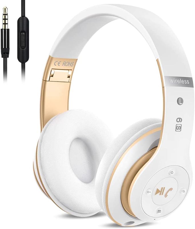 Photo 1 of 6S Wireless Bluetooth Headphones Over Ear, Hi-Fi Stereo Foldable Wireless Stereo Headsets Earbuds with Built-in Mic, Volume Control, FM for iPhone/Samsung/iPad/PC (White & Gold)