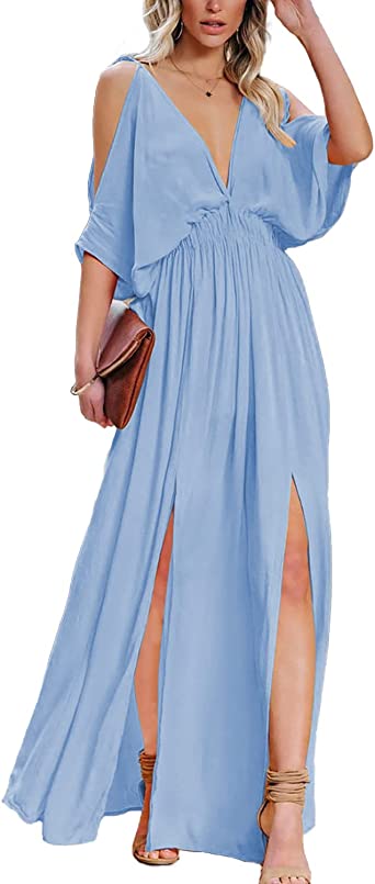 Photo 1 of DEEP SELF Women Summer V Neck Cold Shoulder Short Sleeve Maxi Dress High Waist Split Wedding Guest Long Dress SIZE XL
