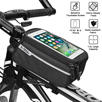 Photo 1 of Bike Front Frame Bag, Bike Phone Mount Bags, Bicycle Handlebar Waterproof Front Top Tube Bag Touch Screen Window with Headphone Hole Suitable for Mountain Bike Road Bike Mobile Phone Under 6inches
